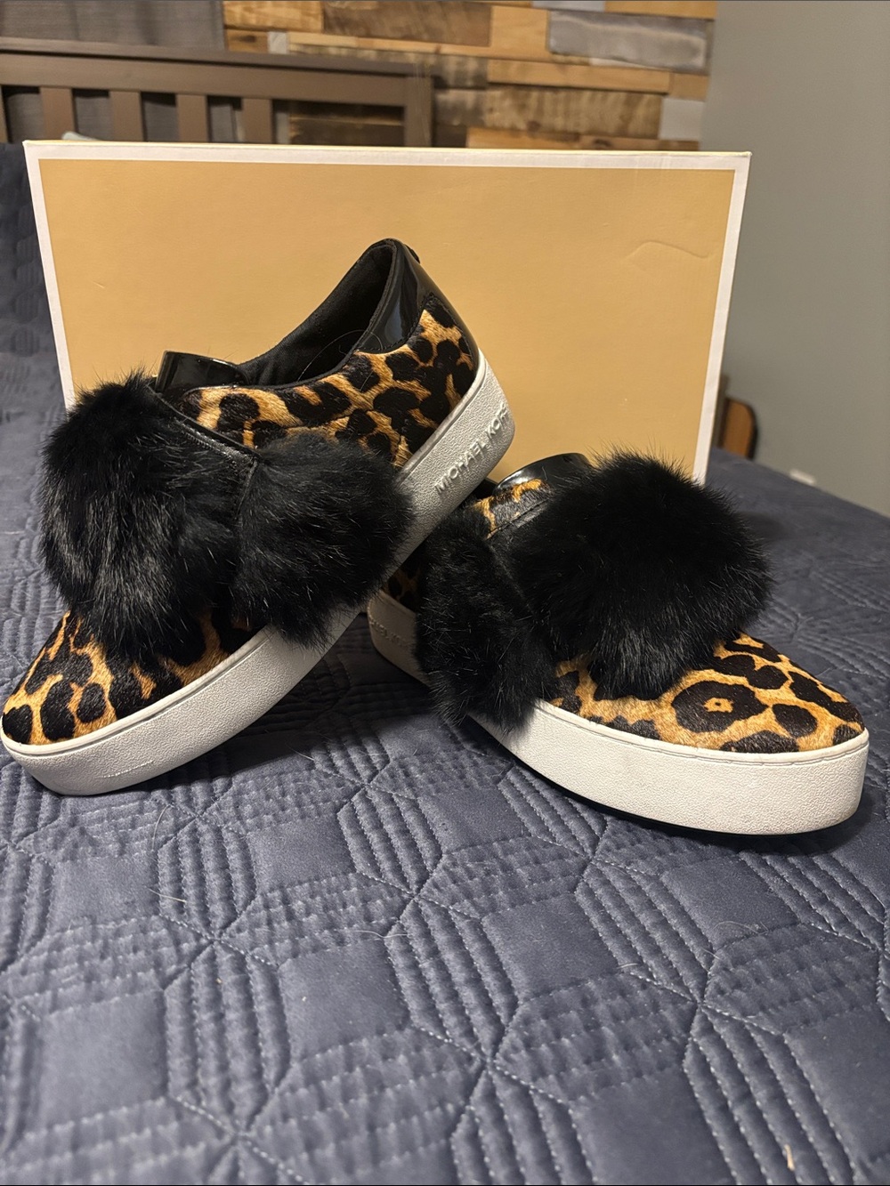Michael Kors Leopard Print Slip-On Sneakers with Black Fur Pom